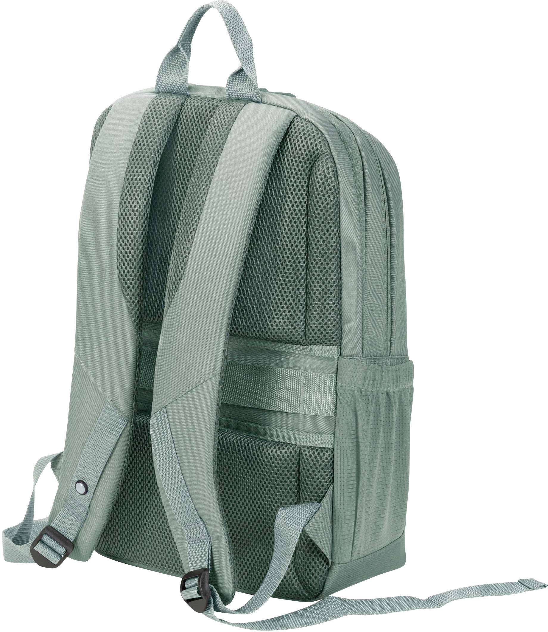 Grüner Rucksack mit gepolsterten Schultergurten und Netztaschen, von hinten gesehen. Ideal für Schulausflüge oder Reisen.