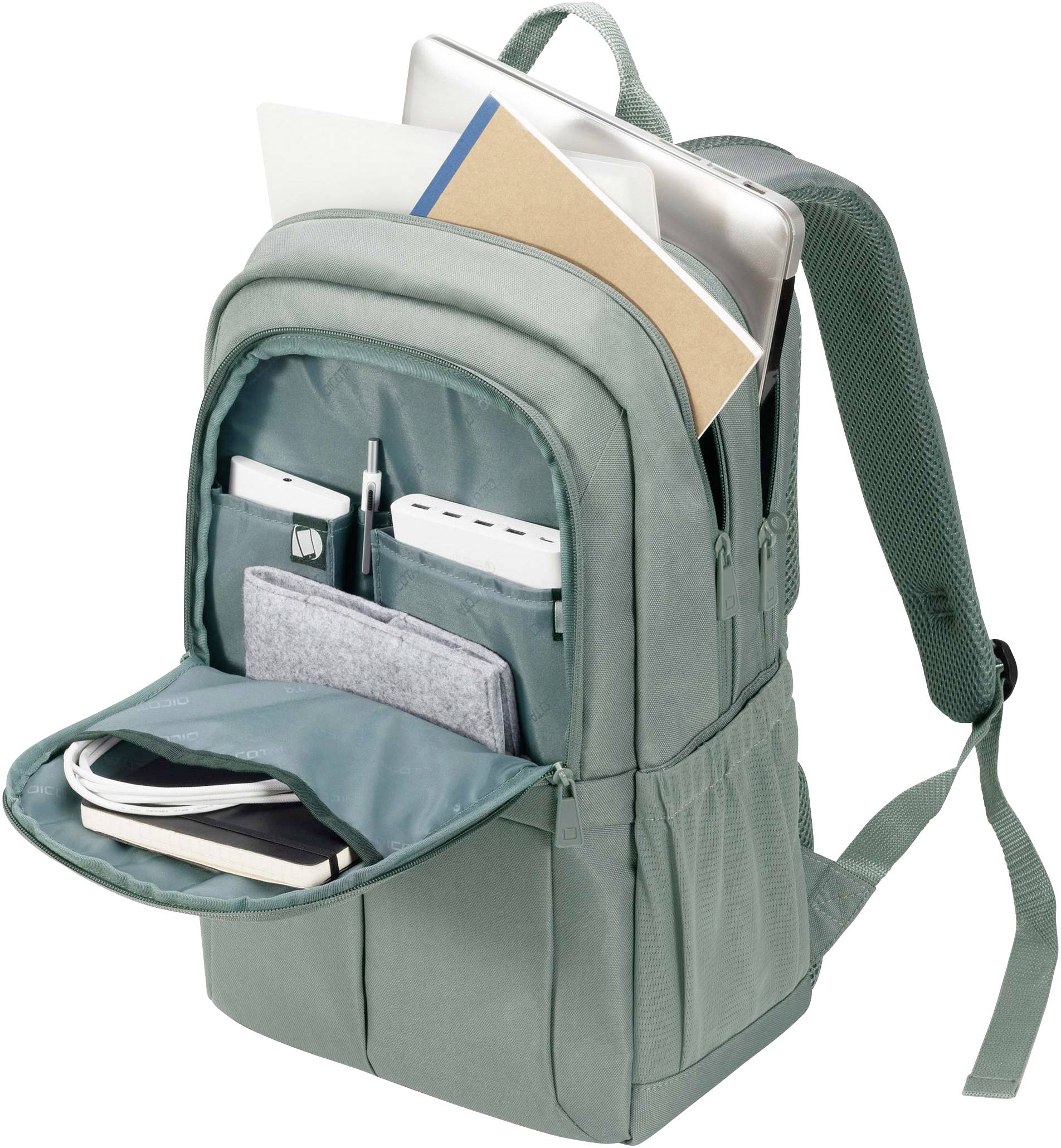 Grauer Rucksack, geöffnet, zeigt Laptop, Notizbücher und andere Gegenstände in verschiedenen Fächern.
