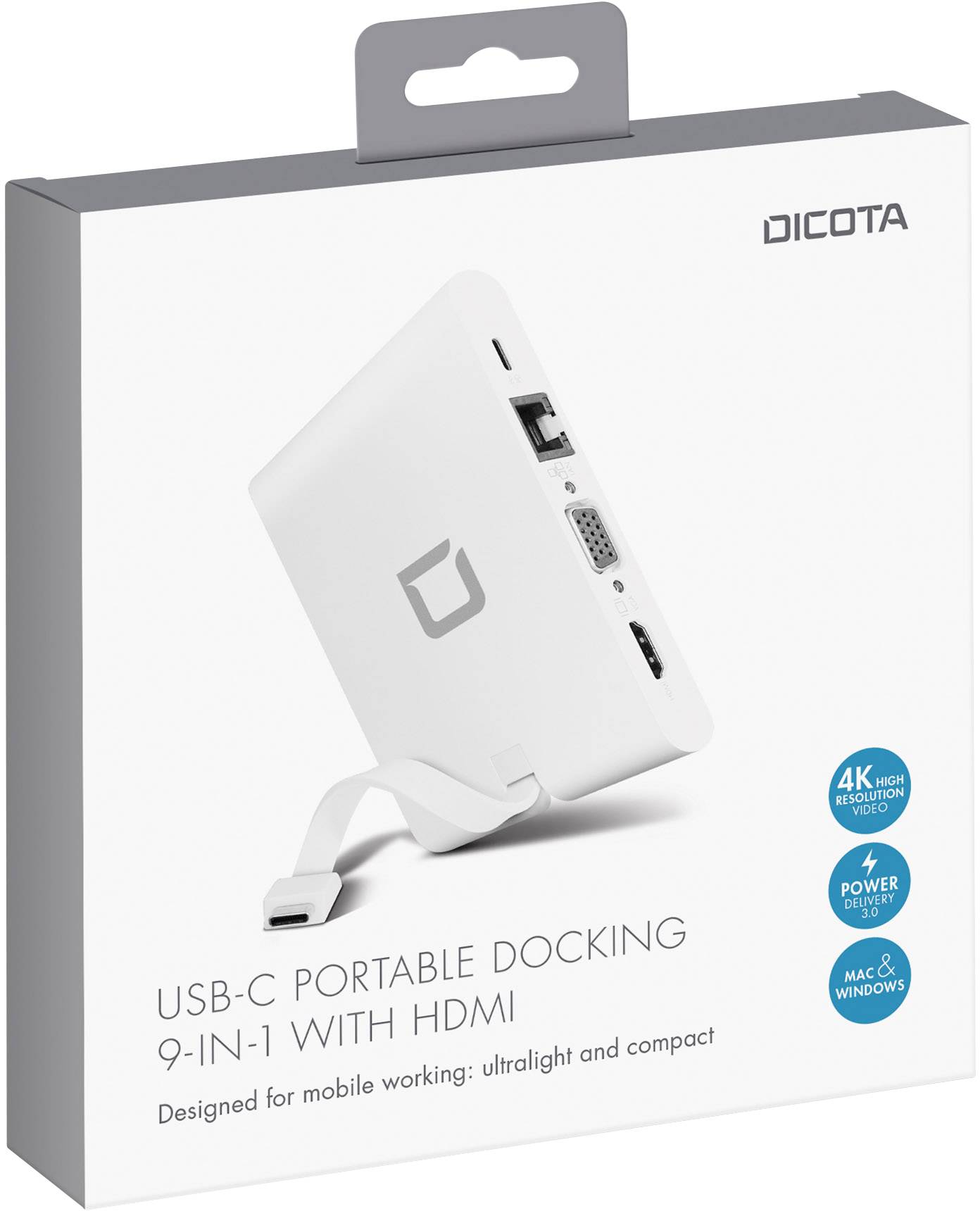'USB-C Portable Docking 9-in-1 mit HDMI' Verpackung von Dicota. Abgebildet ist eine weiße Dockingstation mit Kabel und Anschlüssen.