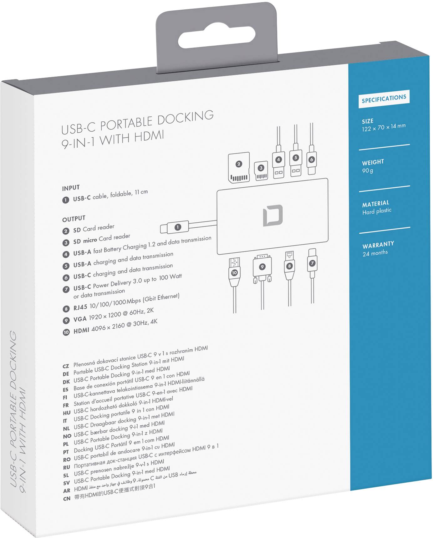 USB-C-Dockingstation mit 9 Anschlüssen, inkl. HDMI, USB, SD, Mikrofon. Größe: 122 × 70 × 14 mm, Gewicht: 90 g, Material: Aluminium, Garantie: 24 Monate.
