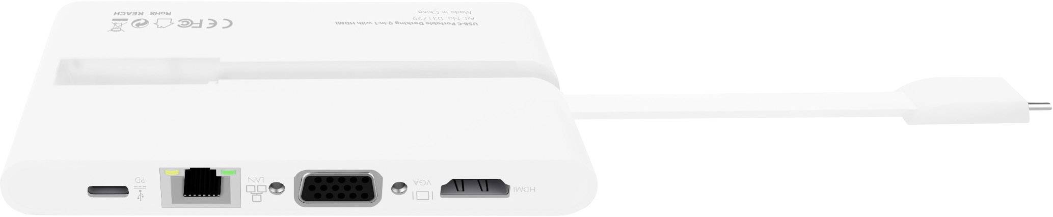 Ein weißer Adapter mit USB-C-Anschluss, Ethernet-Port, VGA-Anschluss und HDMI-Ausgang, zur Unterstützung vielseitiger Verbindungen.