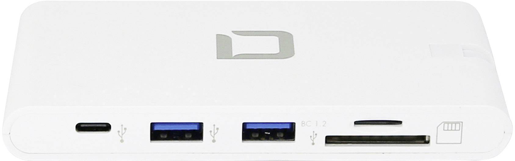 Ein weißer Kartenleser mit mehreren Ports, darunter USB-C, zwei USB-A und ein SD-Kartensteckplatz, liegt auf weißem Hintergrund.