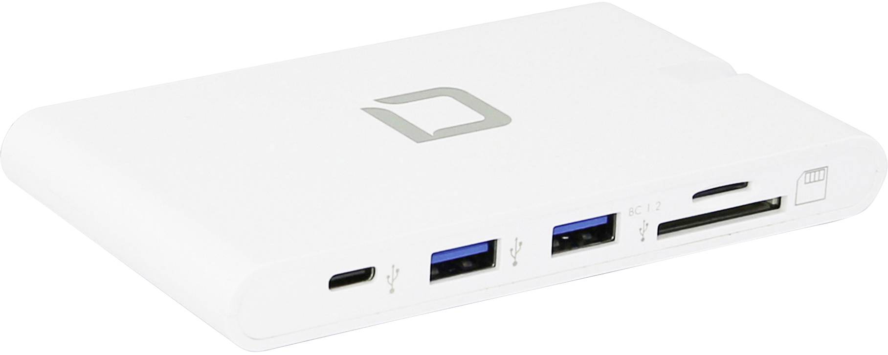 Ein weißer USB-Hub mit mehreren Anschlüssen: zwei USB 3.0, ein USB-C und ein SD-Kartenleser. Geeignet für den Anschluss verschiedener Geräte.