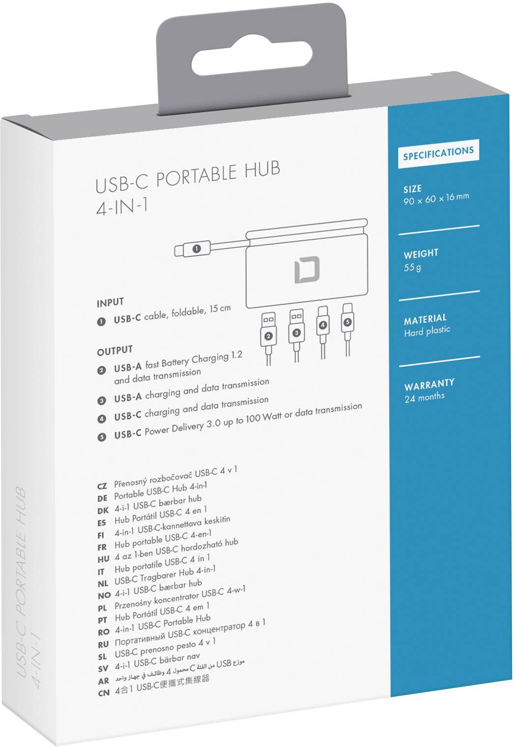 USB-C-Port-Hub 4-in-1-Verpackung zeigt ein schematisches Bild des Hubs und listet technische Spezifikationen sowie Zubehördetails auf.