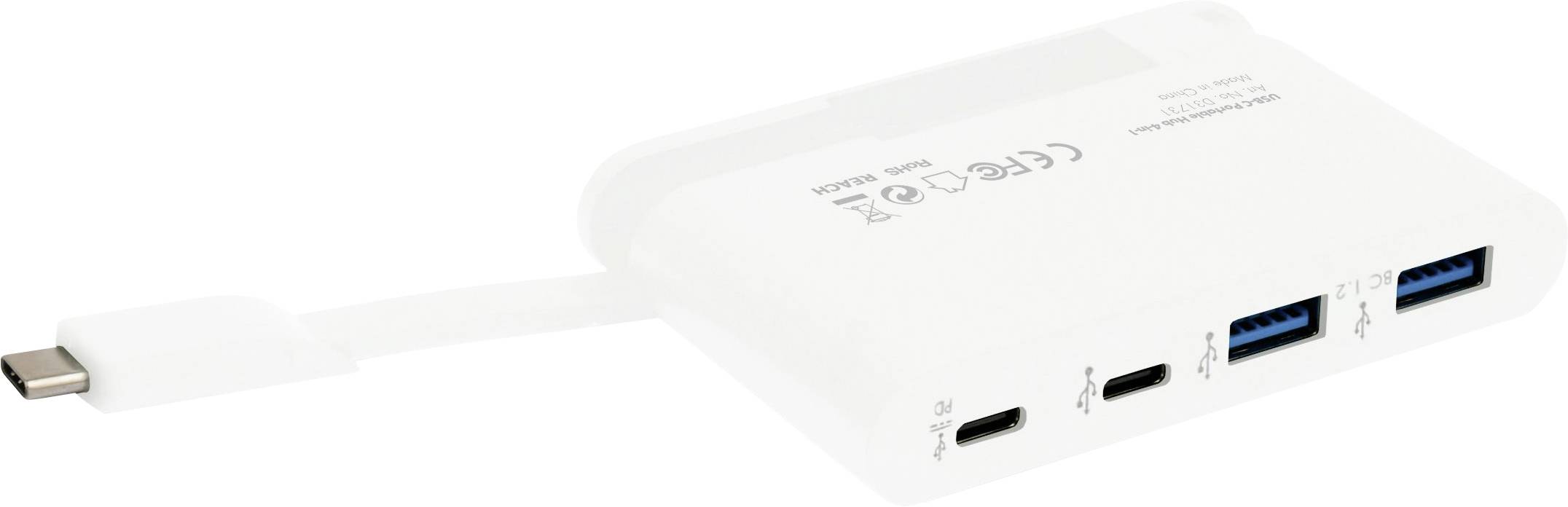 Weißer USB-C-Hub mit zwei USB-A- und zwei USB-C-Anschlüssen, geeignet für den Anschluss mehrerer Geräte an einen Computer.