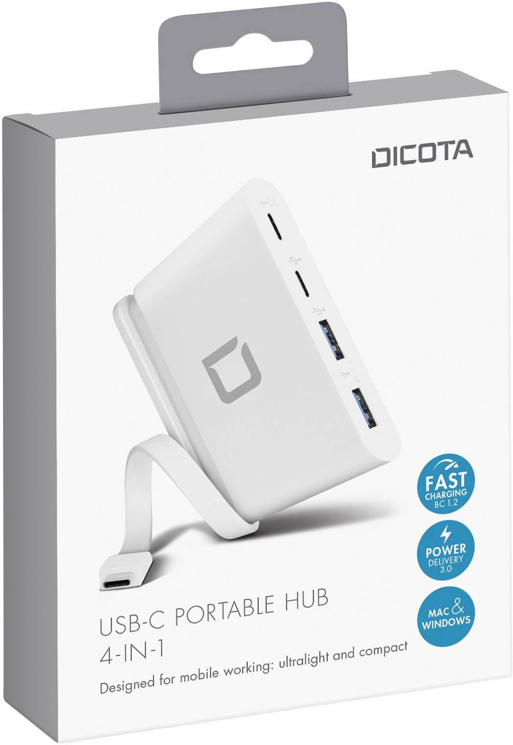 Tragbarer USB-C Hub 4-in-1 von Dicota in einer Verpackungsbox gezeigt. Kompatibel mit Mac und Windows, unterstützt schnelles Laden.