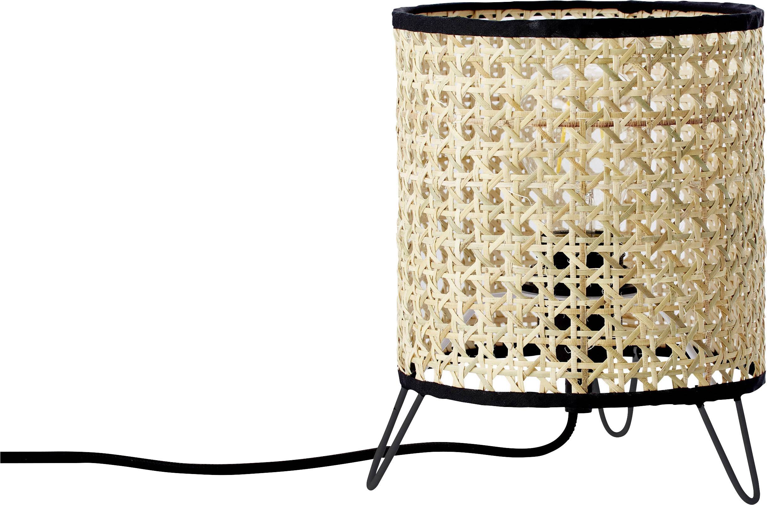 Kleine Tischlampe mit rundem, geflochtenem Rattankorpus, schwarzem Standfuß und schwarzem Stromkabel.