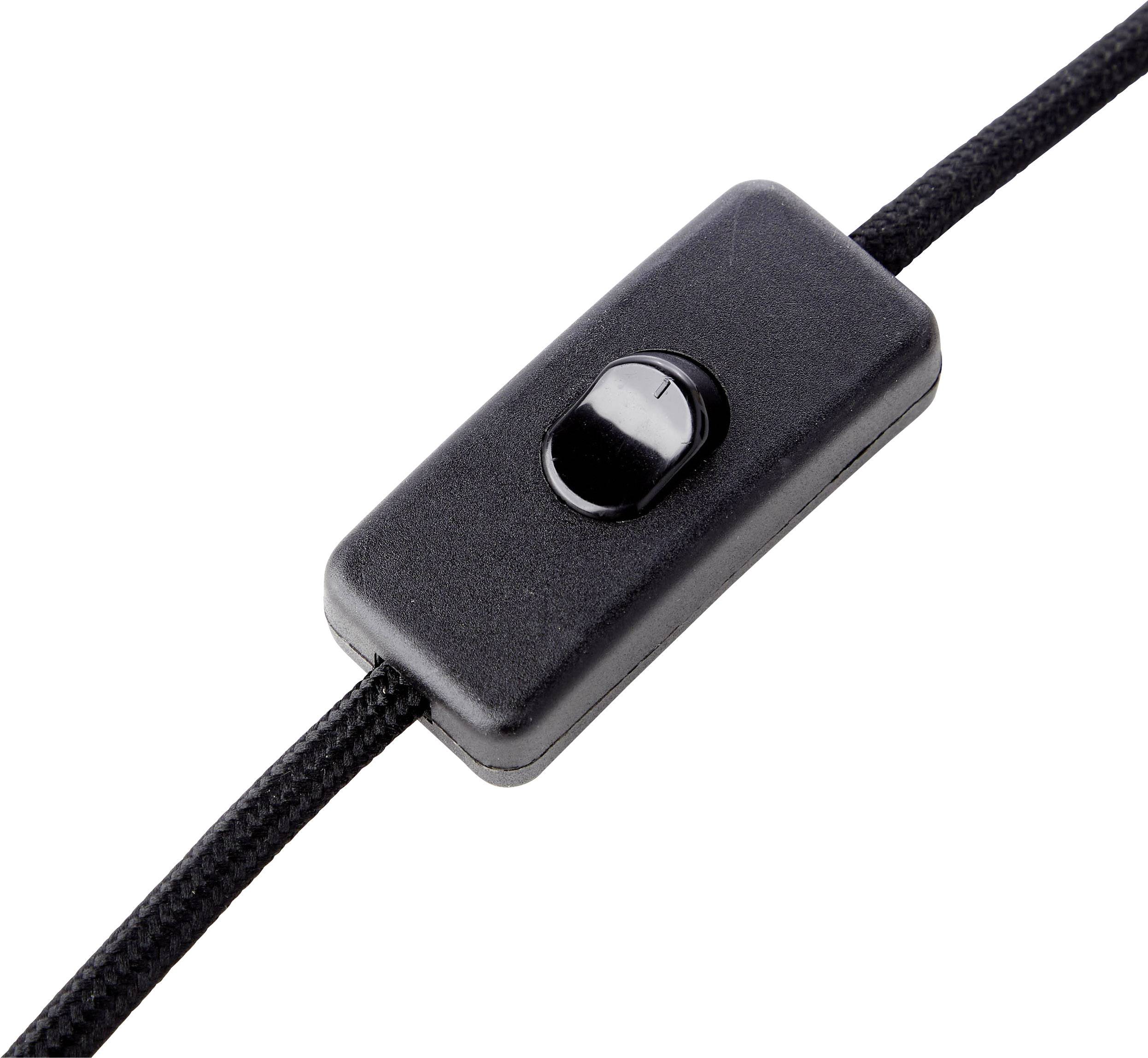 Ein schwarzer Schalter mit Kippschalter auf einem schwarzen Kabel, vor weißem Hintergrund.