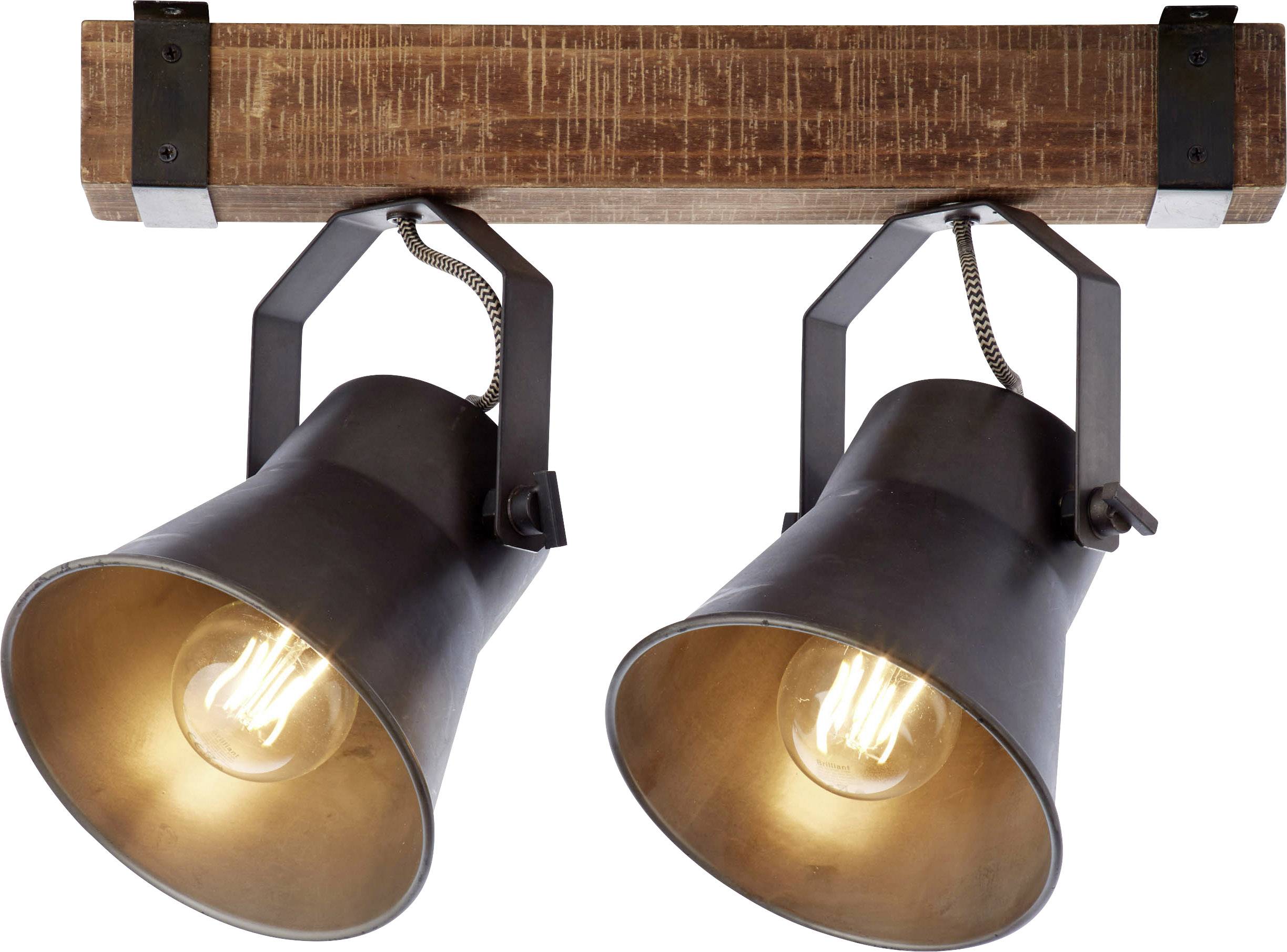 Zwei industrielle Deckenstrahler mit Metallrahmen und Holzbalken, die warme Glühbirnenlicht abstrahlen.
