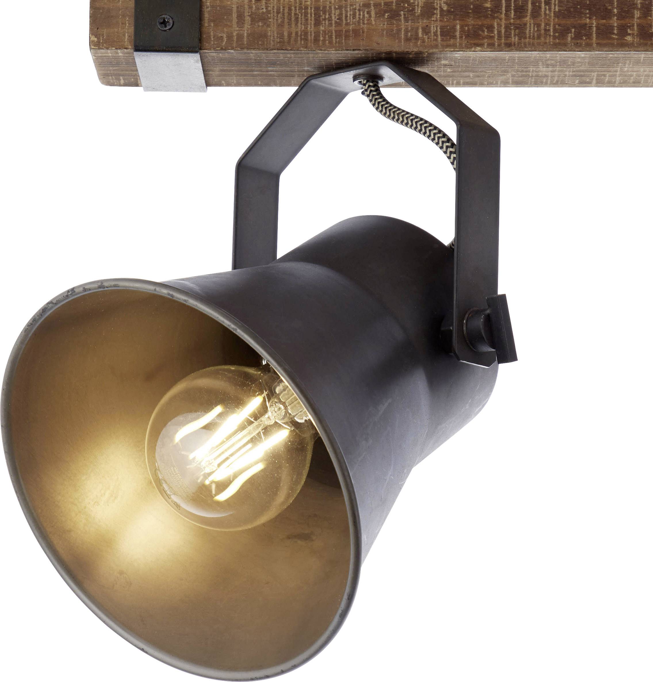 Industrielle Hängelampe mit Metallgehäuse und sichtbarer Glühbirne, an einem Holzbalken montiert.