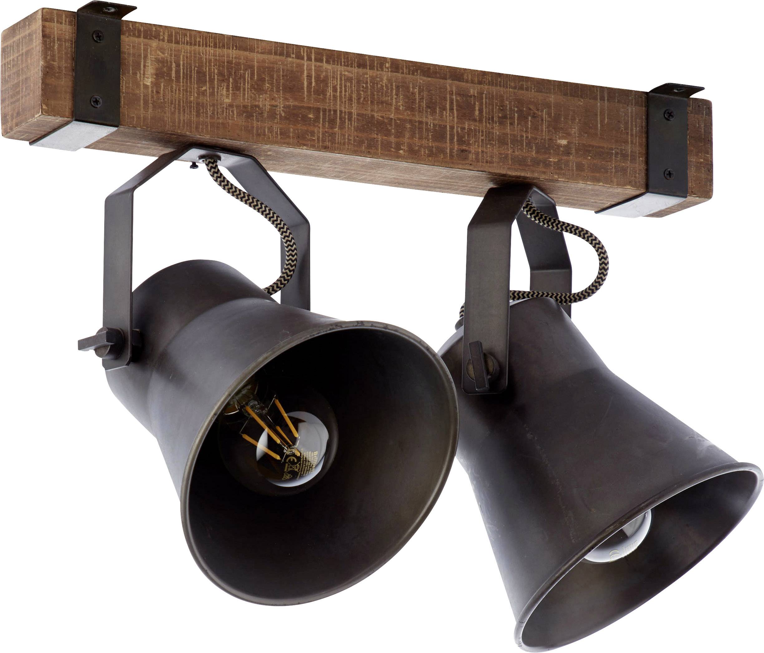 Zwei industrielle Deckenlampen mit Metallglocken und Holzbalkenhalterung. Hängeleuchten im modernen Vintage-Stil.