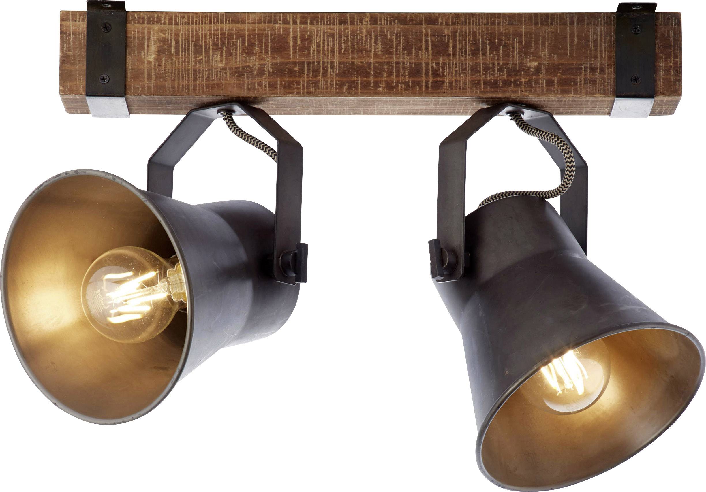 Zweifache schwarze Metallwandleuchte mit Holzhalterung und sichtbaren Glühbirnen, betont industrielles Design.
