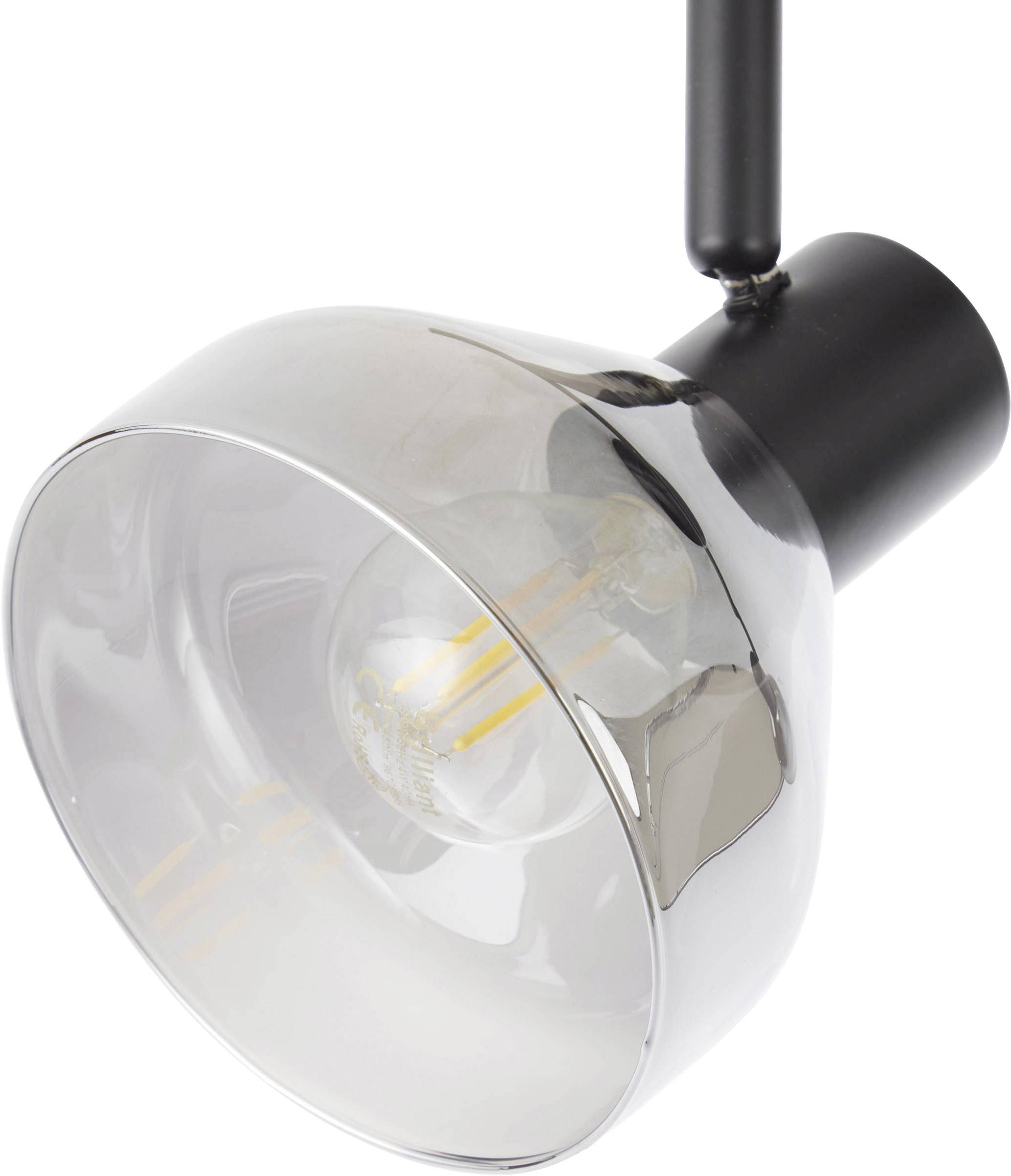 Eine schwarze Deckenlampe mit transparentem Lampenschirm und sichtbarer Glühbirne. Die Lampe zeigt nach unten.