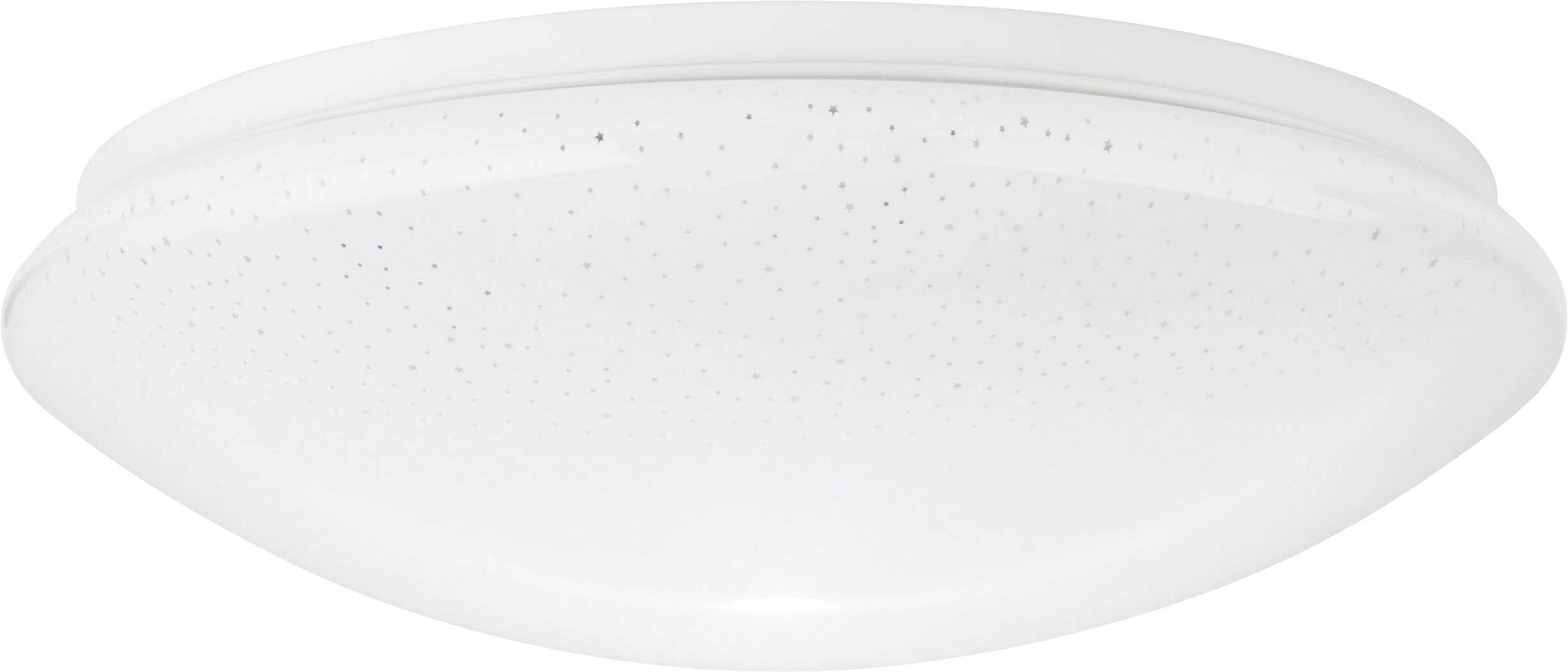 Runde, weiße Deckenleuchte mit kleinen Sternenmustern, die einen Sternenhimmel simulieren. Geeignet für Wohn- und Schlafzimmer.