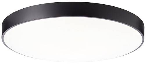 Runde, schwarze Deckenleuchte mit weißem Schirm, der gleichmäßiges Licht ausstrahlt.
