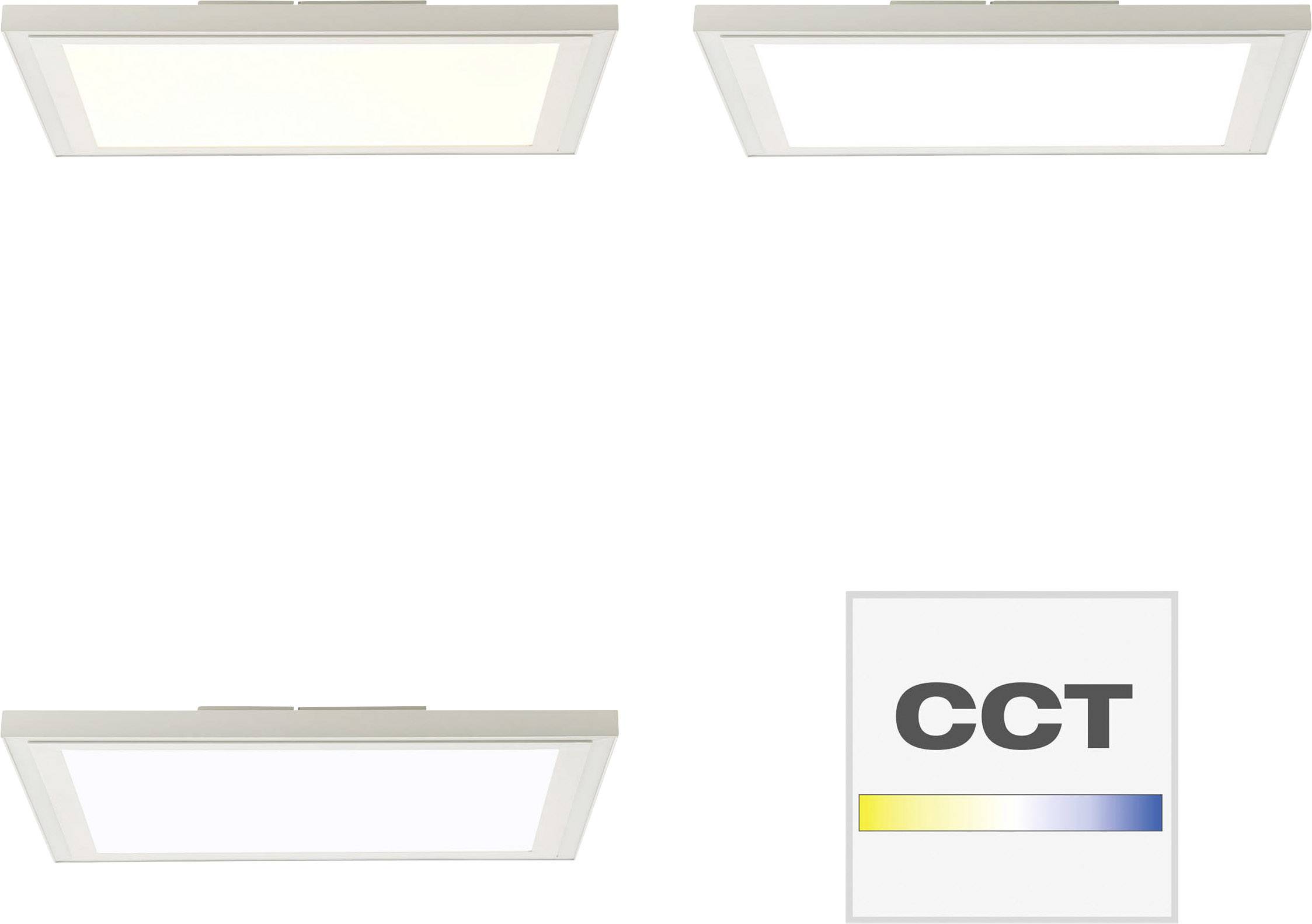 Drei rechteckige Deckenleuchten mit unterschiedlichem Lichtton (warm, neutral, kalt) und rechts eine Skala mit 'CCT' und Farbverlauf.