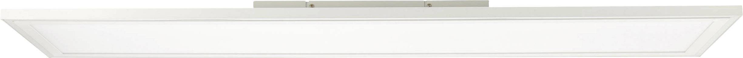 Rechteckige, moderne Deckenleuchte mit weißem Rahmen, bündig an der Decke montiert. Schlichtes Design, gleichmäßige Lichtverteilung.