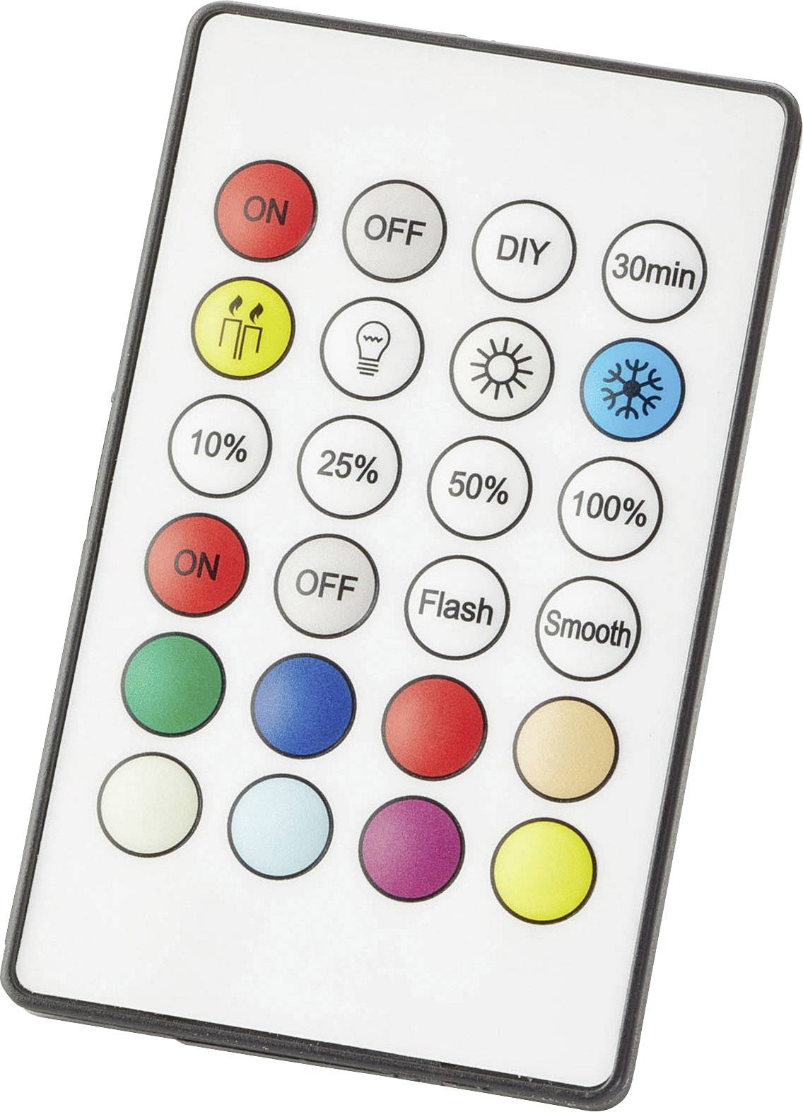 Eine Fernbedienung mit 21 Tasten zur Steuerung von Lichtfarben und -intensität. Optionen beinhalten 'ON', 'OFF', 'DIY' und Prozentsätze.