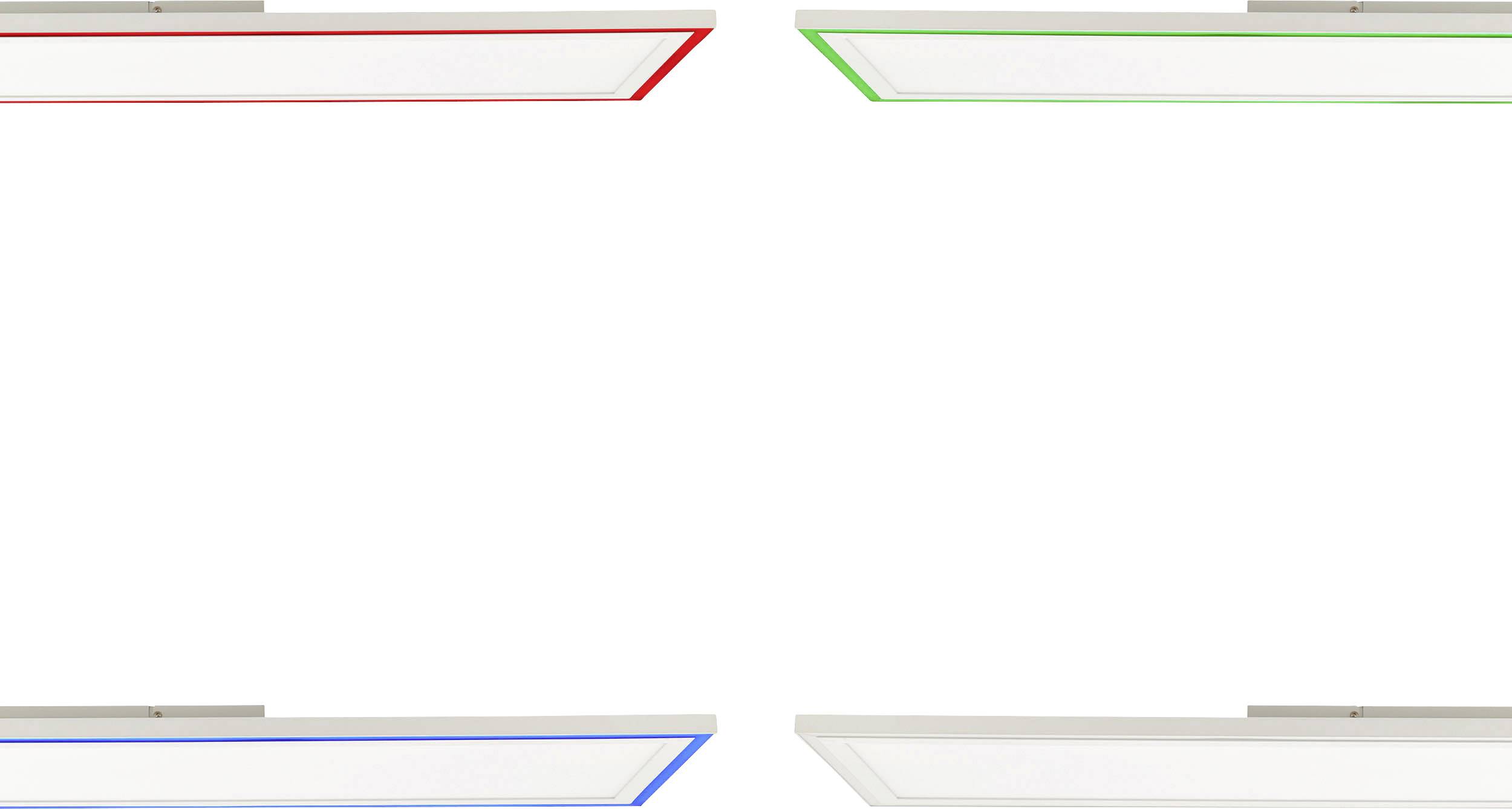 Vier rechteckige Leuchten mit farbigen Rändern (rot, grün, blau) an der Decke, auf weißem Hintergrund.