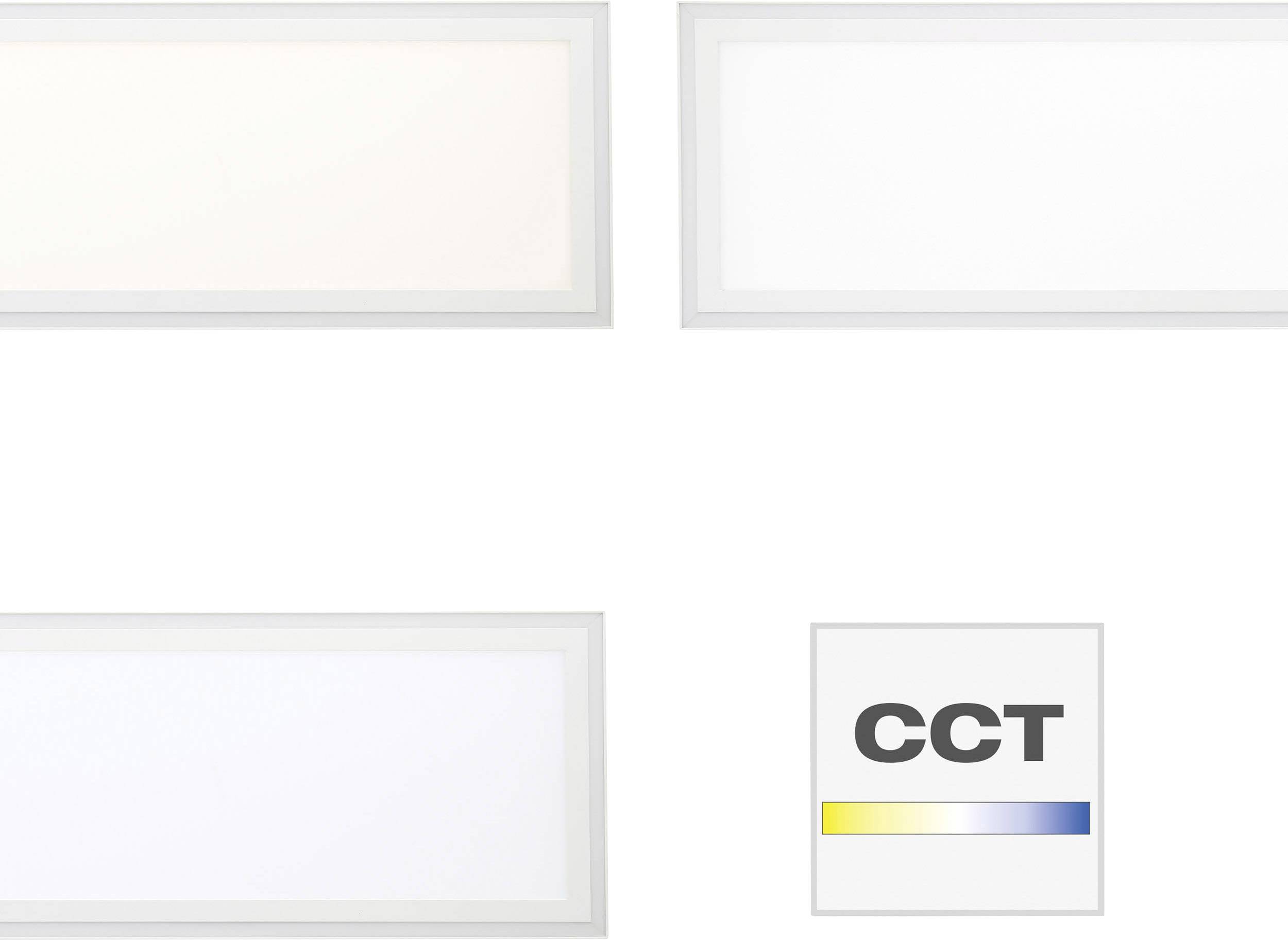 Vier rechteckige Lichtpaneele mit unterschiedlichen Weißtönen. Unten rechts ein Quadrat mit der Aufschrift 'CCT' und einem Farbverlauf von Gelb zu Blau.