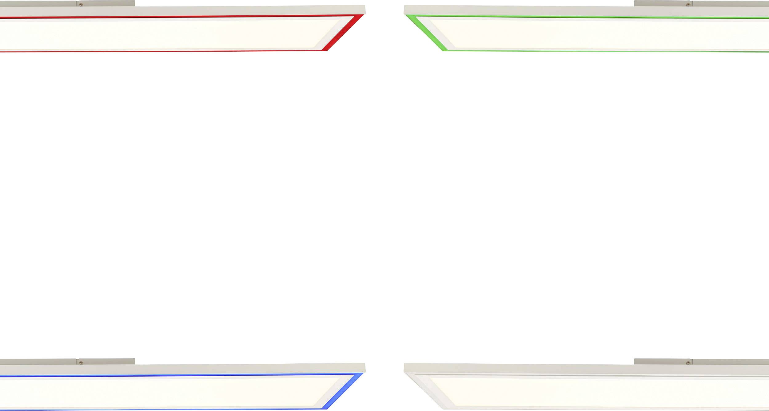 Vier rechteckige, weiße Leuchten in den Ecken des Bildes, jede mit einem bunten Rand: rot, grün, blau und weiß. Hintergrund ist weiß.