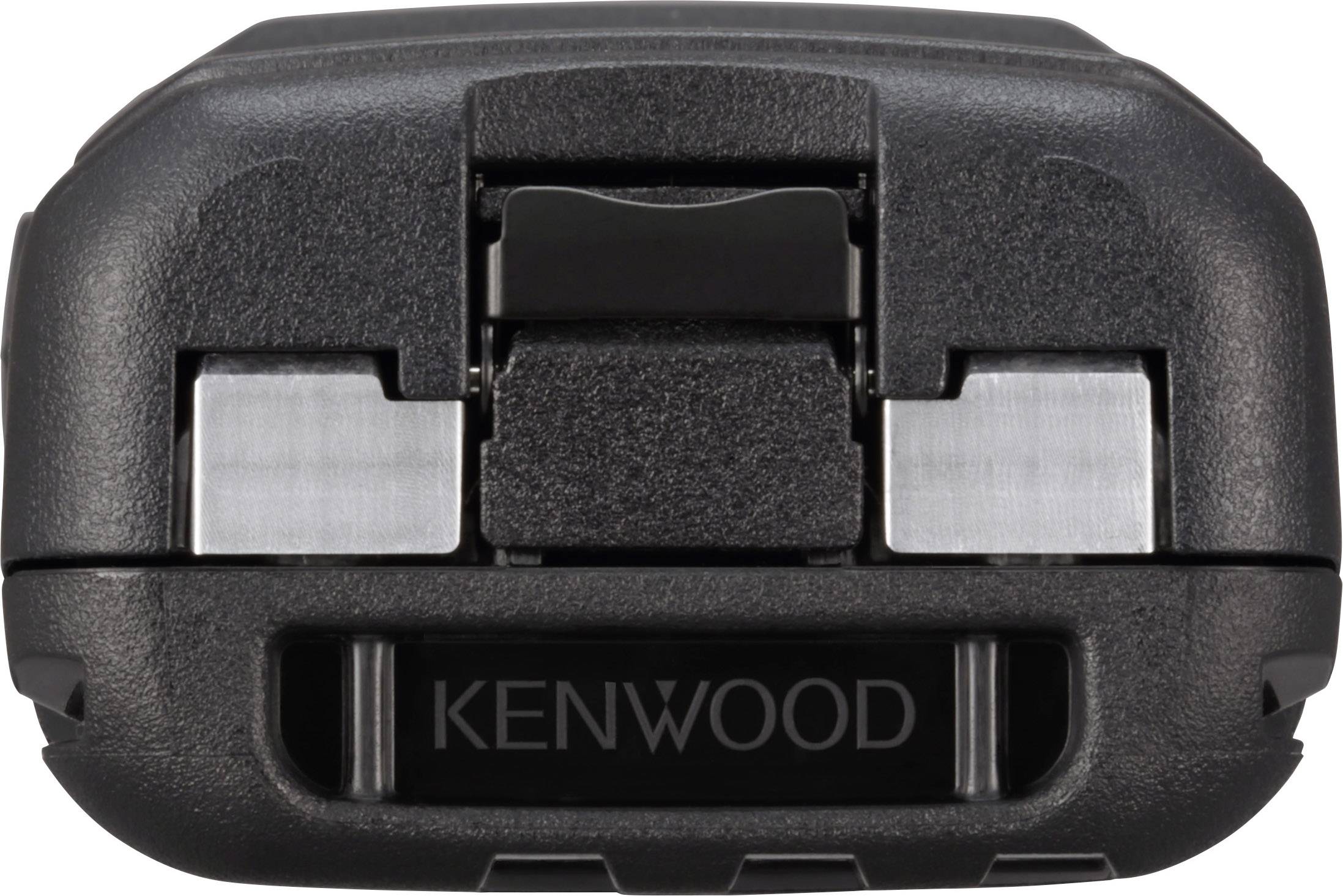 'Kenwood' Funkgerät, Nahaufnahme der Oberseite mit Metallverschlüssen und einem schwarzen Gehäuse.