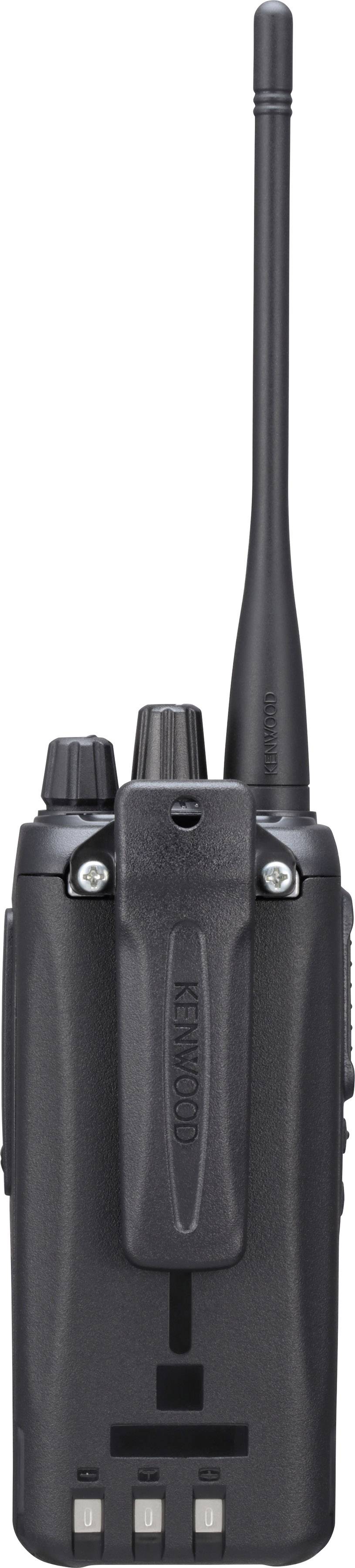 Ein schwarzes Handfunkgerät, mit Antenne und mehreren Knöpfen zur Steuerung, klar erkennbar. Es wird für Kommunikation genutzt.