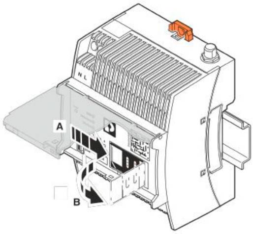 Ein Gerät mit eingebauten Anschlüssen, gekennzeichnet mit 'N' und 'L'. Pfeile A und B weisen auf verschiedene Steckplätze hin.