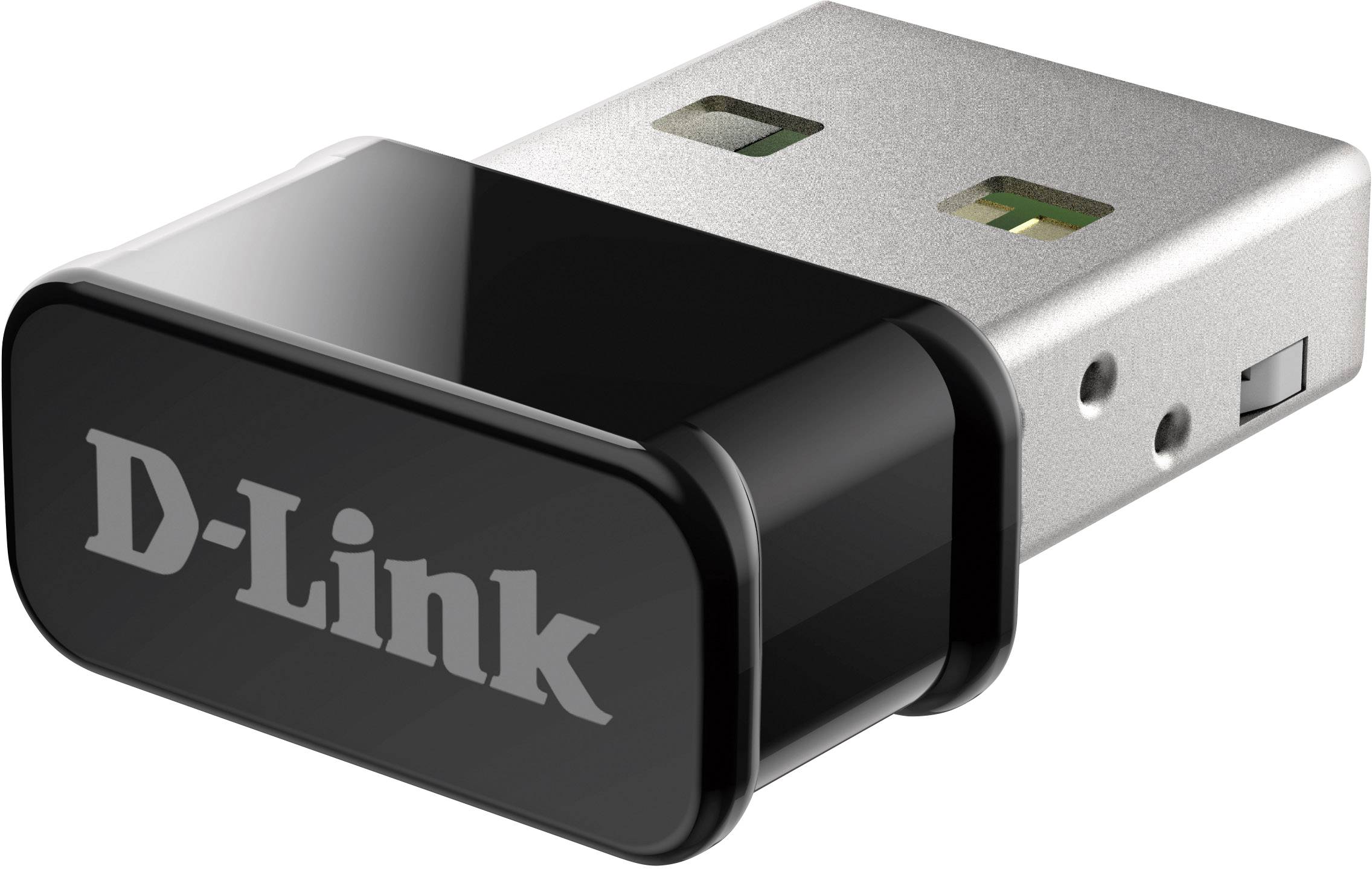 Ein schwarzer USB-WLAN-Adapter der Marke D-Link mit kompakter Bauweise, geeignet für die kabellose Verbindung von Computern.