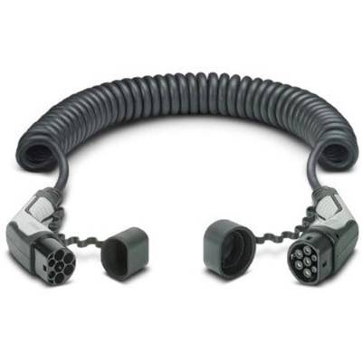 Ein spiralförmiges Ladekabel für Elektrofahrzeuge mit zwei unterschiedlichen Steckverbindern an den Enden.