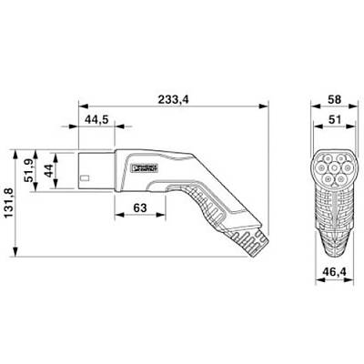 Abbildung eines technischen Diagramms eines Steckers mit Abmessungen in Millimetern. Hauptmaß: 233,4 mm Länge, 51,9 mm Höhe.