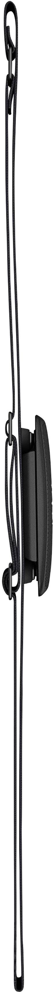 Ein schwarzes Kabel mit Einstellrad, typischerweise für Kopfhörer, mit einer Schlaufe zur Längenanpassung.