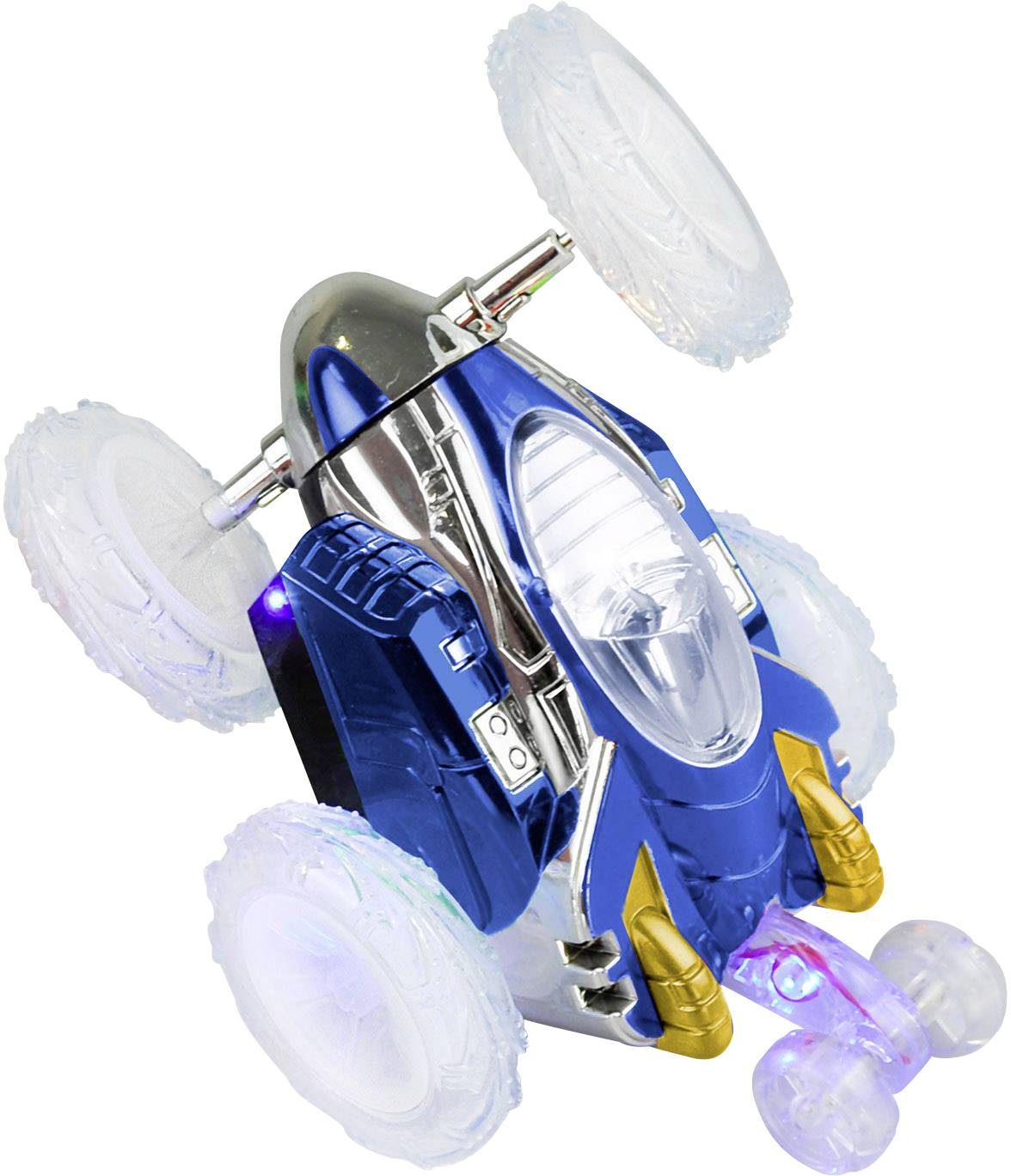 Ein ferngesteuertes Spielzeugauto in Blau und Silber mit großen, durchsichtigen Rädern, die leuchten. Es ist in Aktion dargestellt.