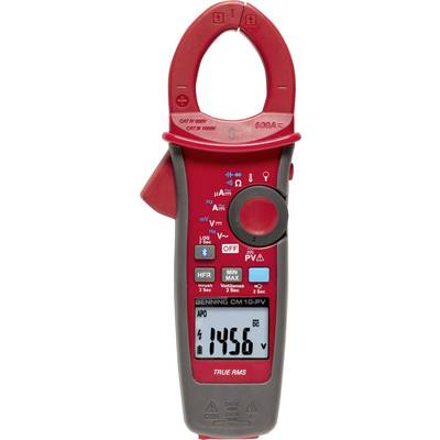 Rotes digitales Zangenmultimeter zeigt Messwert '1456'. Tasten und Symbole für Strom-, Spannungs- und Widerstandsmessungen sichtbar.