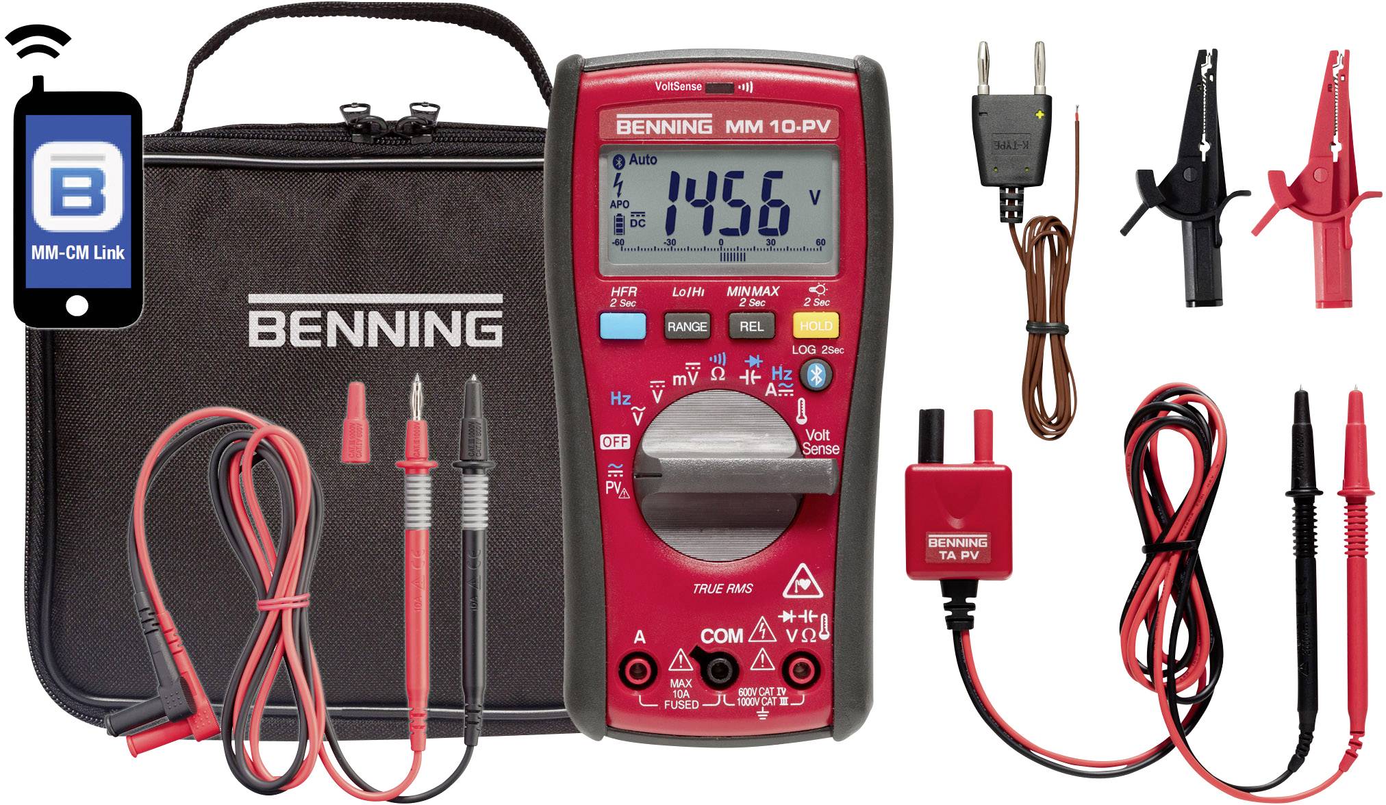 Multimeter mit Displayanzeige '1456', Zubehör wie Messleitungen und Krokodilklemmen. Tasche und Smartphone-Icon für App-Kompatibilität.