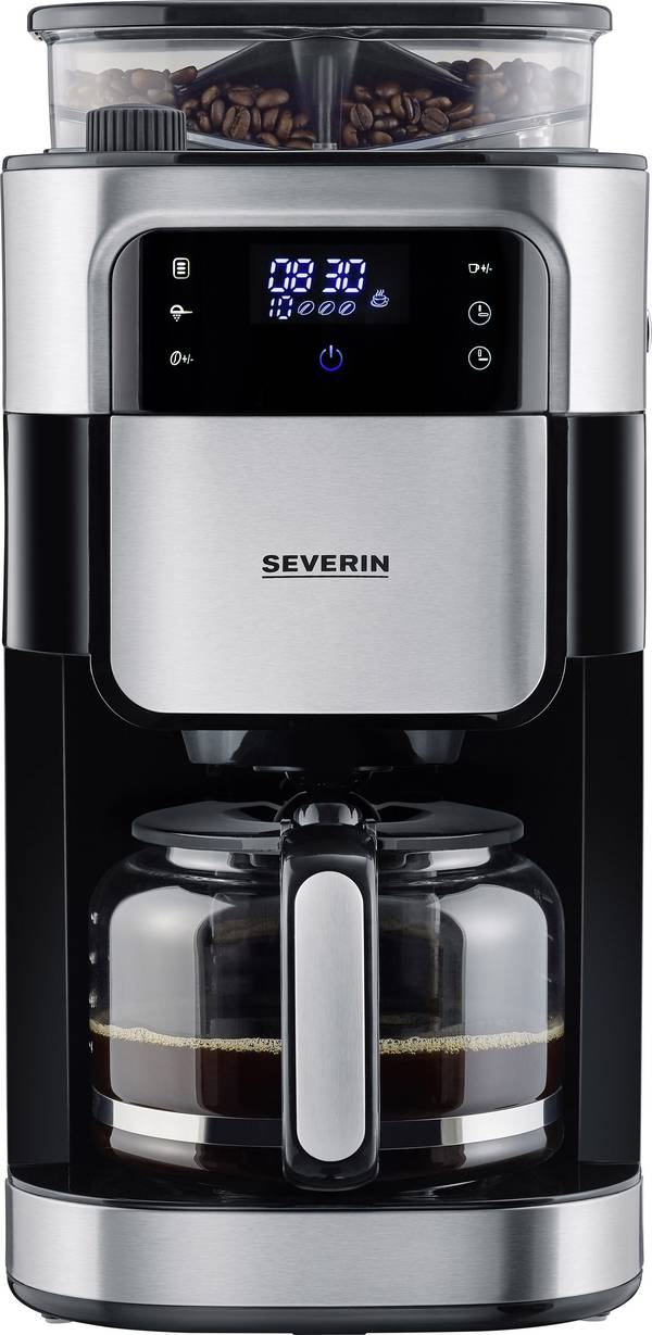 Severin KA 4813 Kaffeemaschine Schwarz, Edelstahl (gebürstet)  Fassungsvermögen Tassen=10 Display, Glaskanne, mit Mahlwerk, Timerfunktion, Warmhaltefunktion, mit Filterkaffee-Funktion