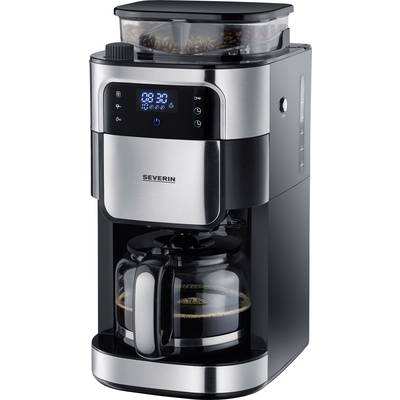 Kaffeemaschine mit eingebautem Mahlwerk, digitalem Display und Glaskanne, gefüllt mit frisch gebrühtem Kaffee.