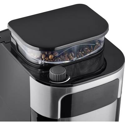 Kaffeemaschine mit integriertem Bohnenbehälter, gefüllt mit Kaffeebohnen, und Drehknopf zur Steuerung der Mahlgrad-Einstellung.