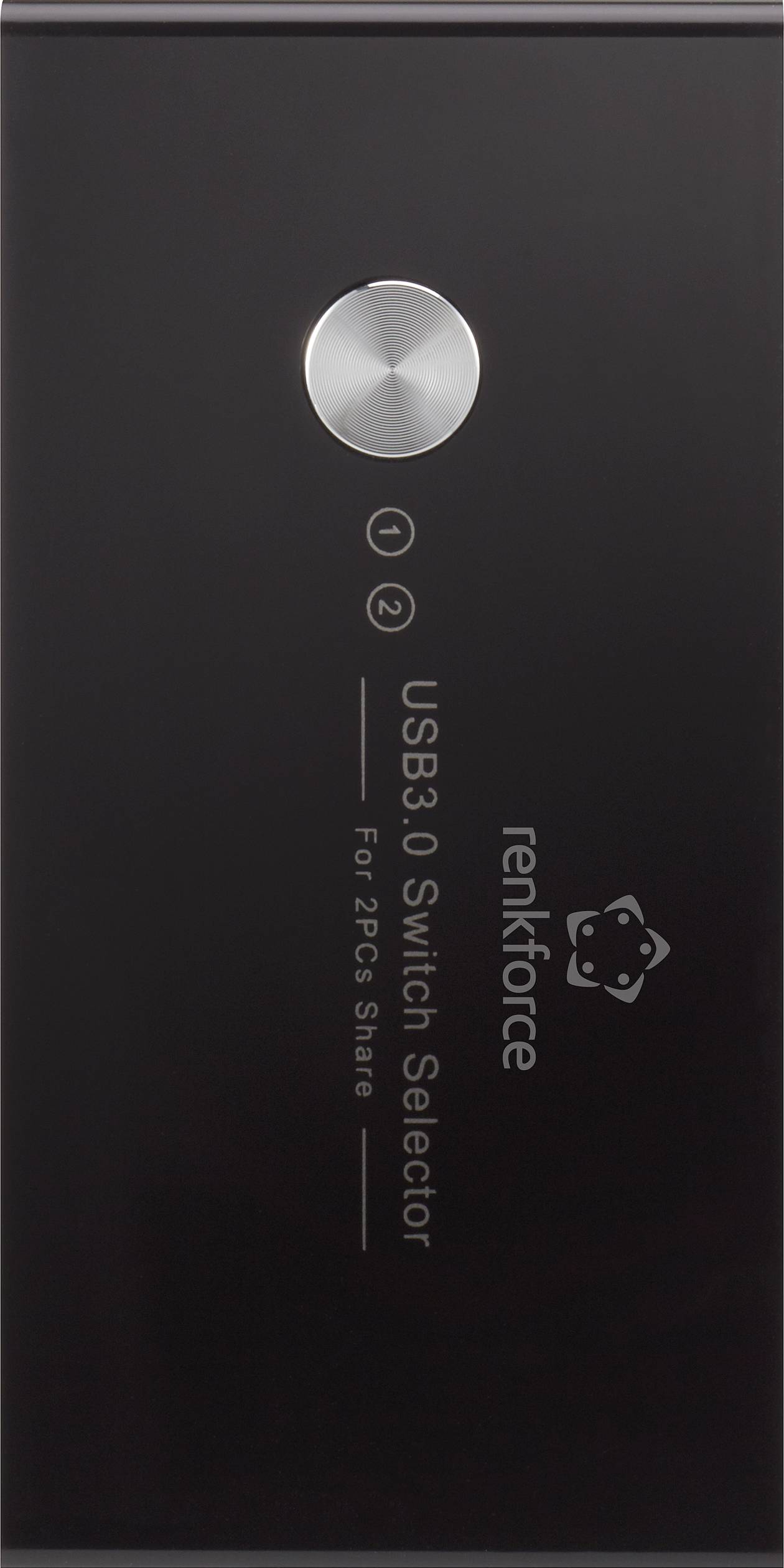 'Renkforce USB 3.0 Switch Selector für zwei PCs' zeigt einen silbernen Knopf, mit zwei leuchtenden Statusanzeigen, die mit 1 und 2 beschriftet sind.