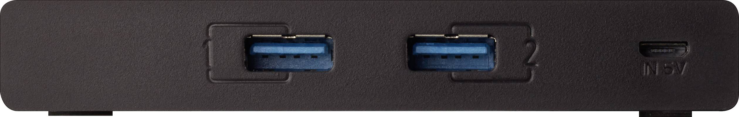 Schwarzes Gerät mit zwei blauen USB-Anschlüssen (1 und 2) und einem kleinen Anschluss rechts.