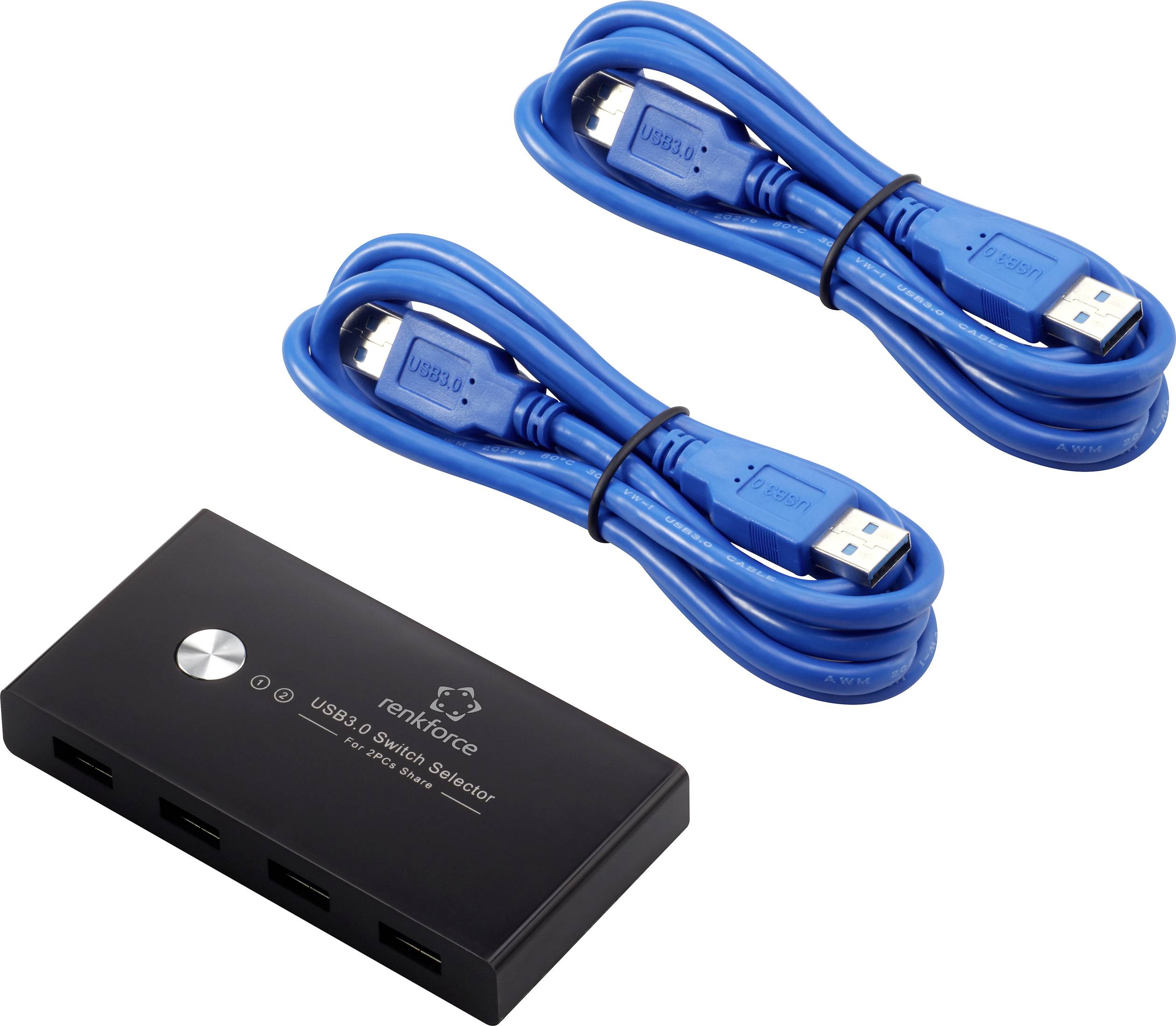 USB 3.0 Switch der Marke Renkforce mit vier Anschlüssen und zwei blauen USB-Kabeln für das Anschließen und Umschalten von Geräten.