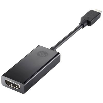 Schwarzer Adapter mit USB-C-Anschluss auf der einen Seite und HDMI-Buchse auf der anderen. Markiert mit HP-Logo.