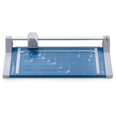 Blauer Papierschneider mit Metallschiene und Maßangaben, geeignet zum präzisen Schneiden von Papierbögen in Büroumgebungen.