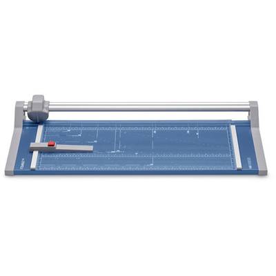 Papierschneidemaschine mit blauem Schneidebrett, Schieber mit rotem Knopf und Metallarm zum präzisen Schneiden von Papier.