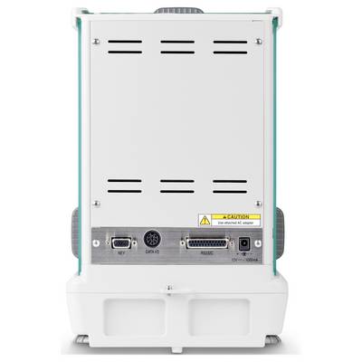 Rückansicht eines elektronischen Geräts mit verschiedenen Anschlüssen: KEY, DATA I/O, RS232C; Hinweis zur Verwendung des richtigen Netzteils.