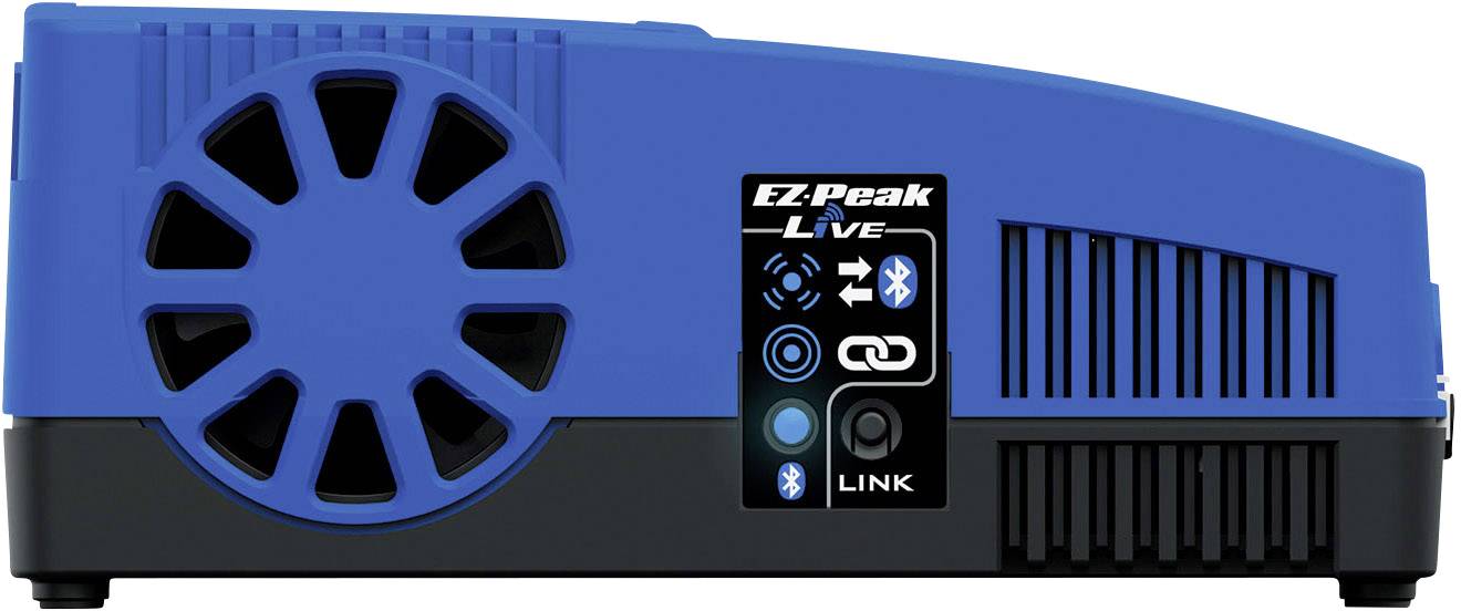 Blaues Ladegerät mit Lüftungsschlitzen und digitalem Display; zeigt Symbole für Bluetooth-Verbindung und Ladestatus.