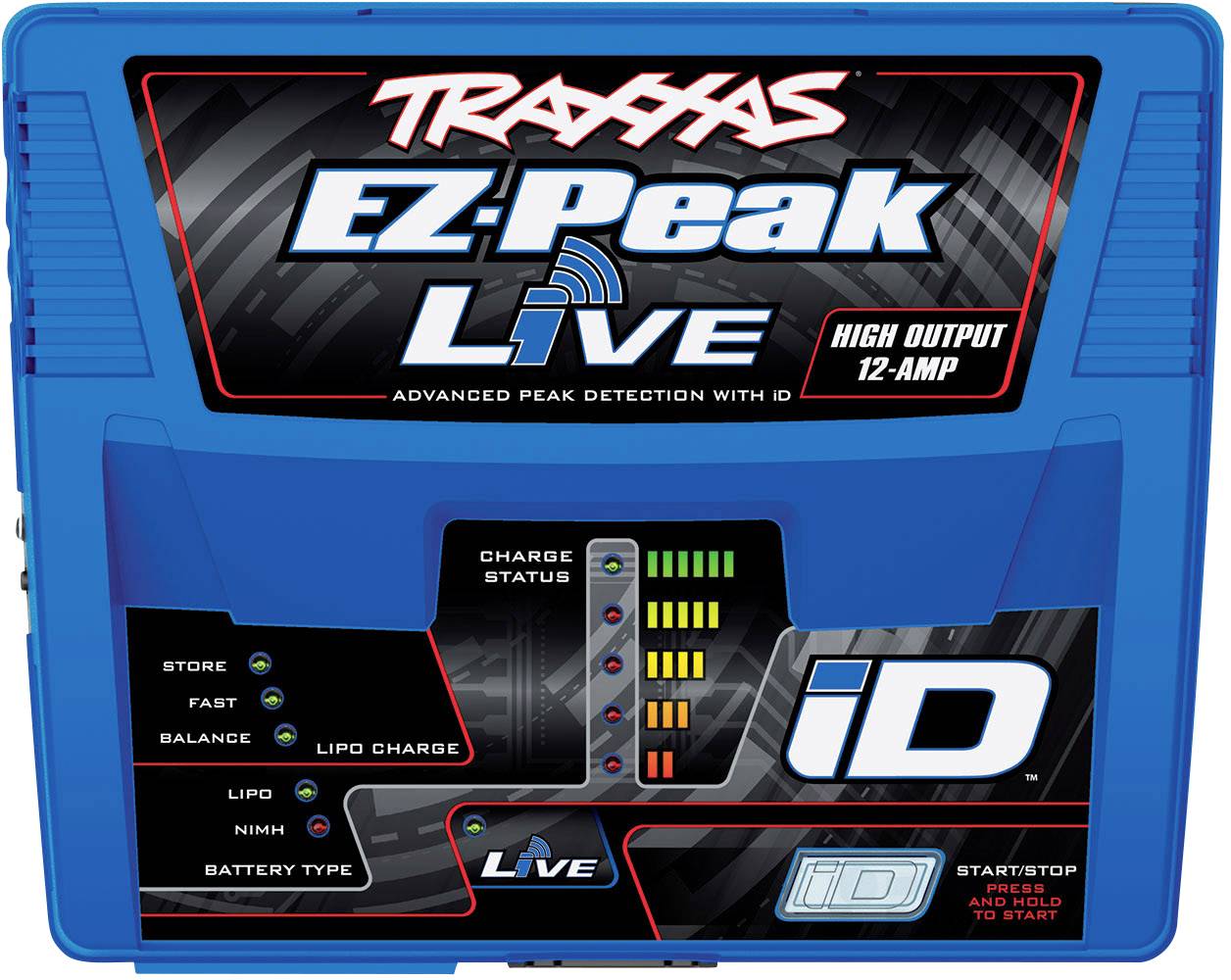 Ladegerät der Marke Traxxas mit der Aufschrift 'EZ-Peak Live', Anzeige für Ladefortschritt, geeignet für LiPo und NiMH Akkus.