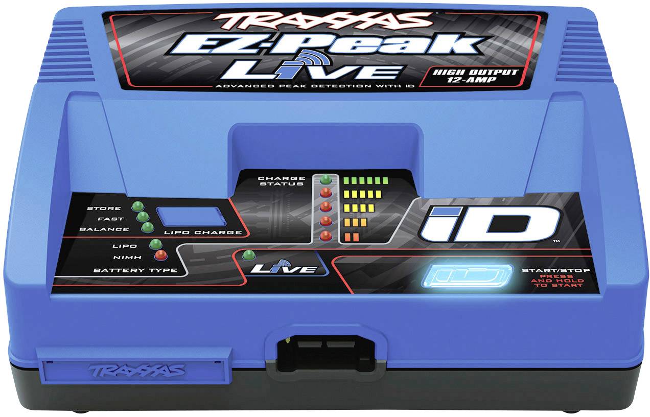 Ein blauer Batterielader, Modell 'EZ-Peak Live', mit LED-Anzeigen für Ladestatus, geeignet für LiPo-Batterien.