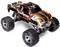 Ein orange-schwarz-weißer ferngesteuerter Monstertruck mit großen Reifen und dem Schriftzug 'Stampede' auf der Seite.