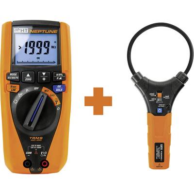 Ein orangefarbenes digitales Multimeter und eine passende Stromzange. Das Multimeter zeigt '1999 MΩ' an und hat mehrere Funktionstasten.